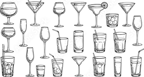 Assorted cocktails collection vector black and white illustration. Various drinks in different glasses with garnishes.
