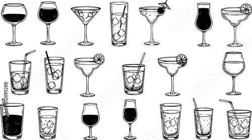 Assorted cocktails collection vector black and white illustration. Various drinks in different glasses with garnishes.
