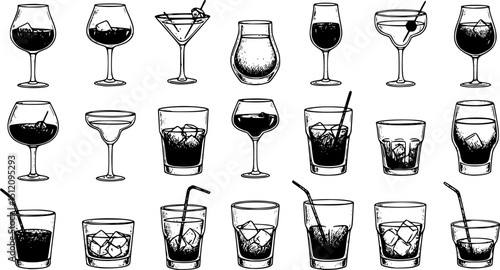 Assorted cocktails collection vector black and white illustration. Various drinks in different glasses with garnishes.
