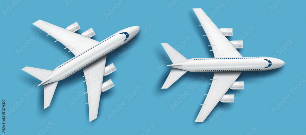 Fototapeta premium 3D realistic airplanes.airliners top view design on the light blue background.transport and travel concept aircraft vector illustration.