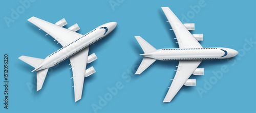 3D realistic airplanes.airliners top view design on the light blue background.transport and travel concept aircraft vector illustration.