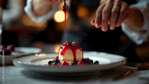 Gourmet dessert preparation close up