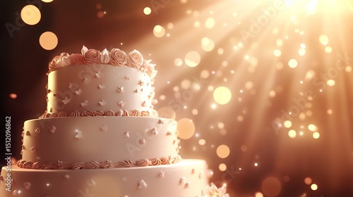 Elegant Three-Tiered Wedding Cake with Delicate Decorations under Golden Spotlight