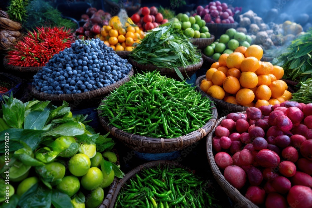 Fototapeta premium Vibrant display of fresh fruits and vegetables at a bustling market in the early morning hours