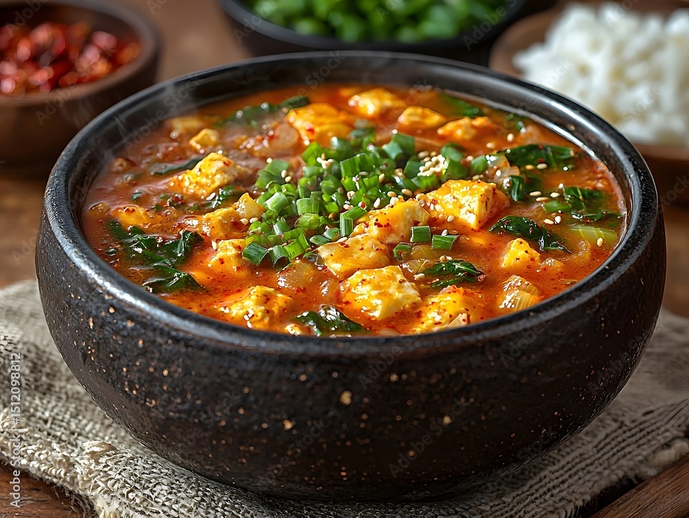 Steaming hot spicy Korean kimchi stew in a rustic bowl Steaming hot spicy Korean kimchi stew in a rustic bowl