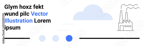 Factory with smokestacks emitting smoke, minimalist blue cloud, dots, and text elements. Ideal for industrial themes, environment, sustainability, production processes, modern design technology
