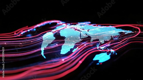 Global Connectivity Visualization: Digital World Map with Data Flow Animation Concept