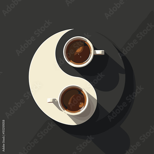 Two cups of coffee form yin yang symbol, representing balance