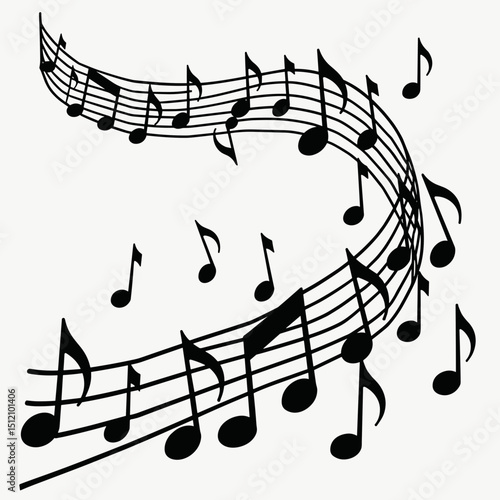 Musical notes flowing, black and white, represents melody, for blogs