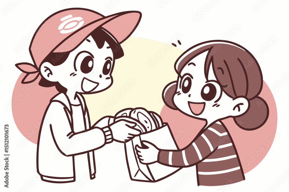 Cute kids sharing meat parcels, big eyes, minimalist shapes Cute kids sharing meat parcels, big eyes, minimalist shapes