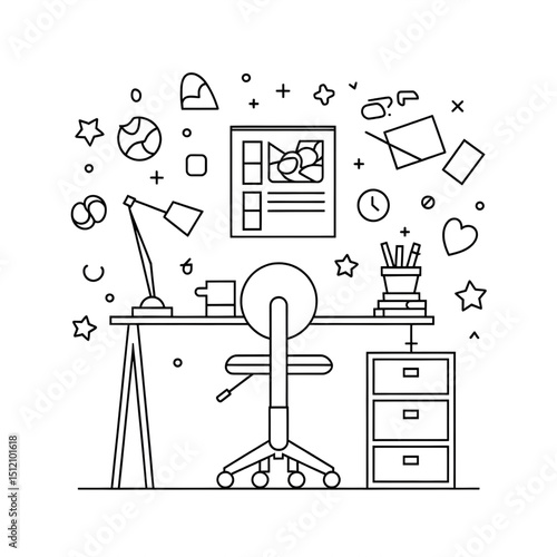 ‎A black and white desk chair illustration line art of a coloring page