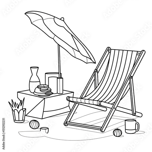 ‎A black and white deck chair illustration line art of a coloring page
