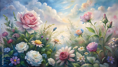 Wallpaper Mural Whimsical blooming flower garden with pastel petals, roses, daisies, clouds, blue sky, fantasy background, dreamy floral landscape art Torontodigital.ca