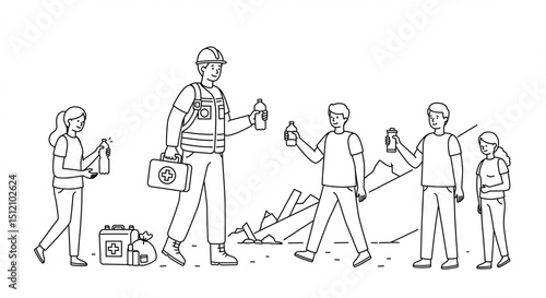 Aid worker distributes water bottles amid earthquake destruction offering essential relief
