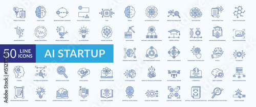 AI startup icon collection set with speech synthesis, fuzzy logic, reinforcement learning, evolution strategy, autonomous system