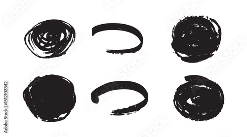 Abstract textured black circles and brushstrokes set isolated on imitation transparent background

