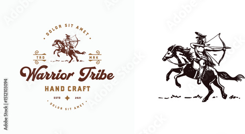 Vintage logo illustration of native american indian warrior riding a running horse hunting use bow and arrow. Hand drawn and badge silhouette design.