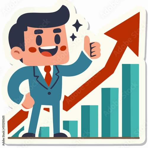 cheerful businessman character gives a thumbs-up beside a rising bar graph with an upward arrow. Ideal for websites/blogs on business growth, success, finance, economics, or positive progress.