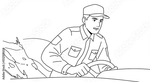 Driver navigates vehicle through turbulent rapids on outdoor adventure with steering wheel and worried expression