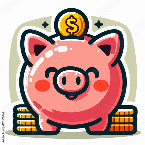 A cute cartoon piggy bank with a coin on top and stacks of coins at the bottom. Suitable for finance blogs, savings apps, and educational content about money.