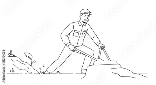 Gardener tills soil outdoors with cultivator in agricultural field preparing ground for planting crops