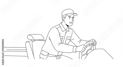 Smiling driver steers vehicle inside taxi with professional attire at work