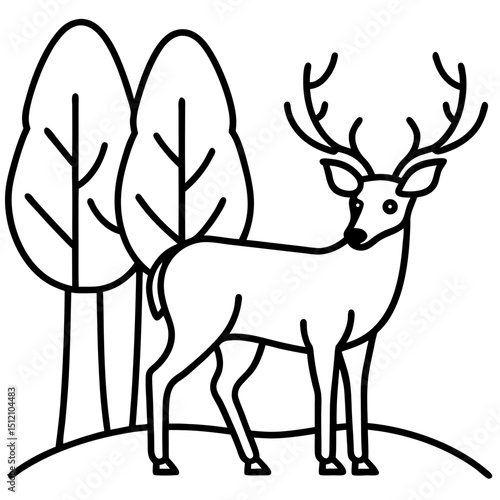 Deer in forest clearing line art vector illustration 
