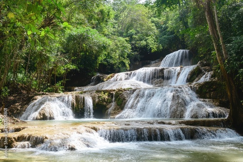 Forest waterfall with clear water and lush greenery