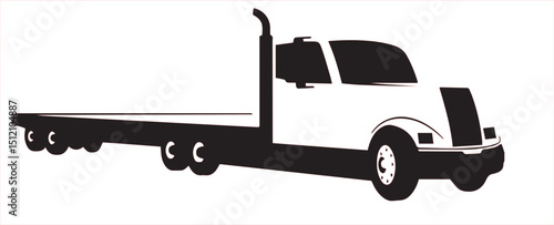 Monochrome vector illustration of a flatbed semi truck or trailer viewed from the side.