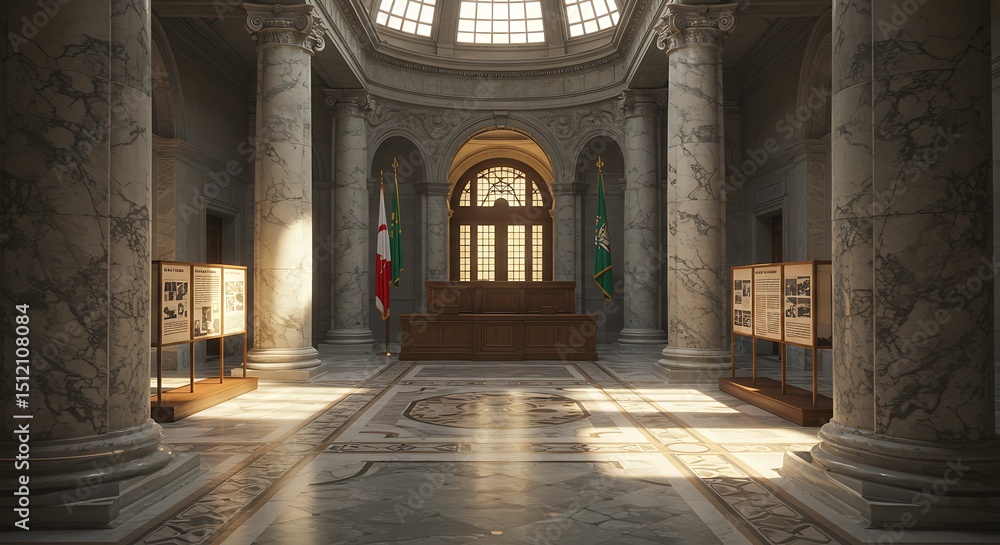Fototapeta premium Grand hall with pillars, flags, and displays