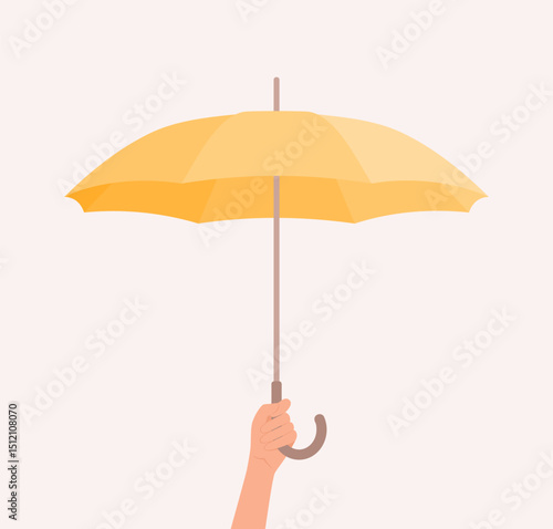 Human hand holding an open yellow umbrella. Flat vector illustration