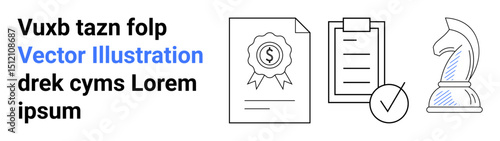 Certificate with medal, clipboard with checklist, ticked mark and chess knight highlighting business success, planning, achievement. Ideal for strategies, goals, leadership, negotiation teamwork