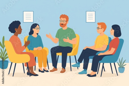 Group Therapy Session Diverse People Support Meeting Mental Health Wellness Discussion Teamwork Collaboration Counseling Professional Therapist Adult Individuals Support Group Shared Experience       