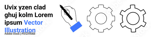 Hand holding pen sketching gears with placeholder text. Ideal for creativity, design, engineering, innovation, planning, workflow, brainstorming, simple landing page