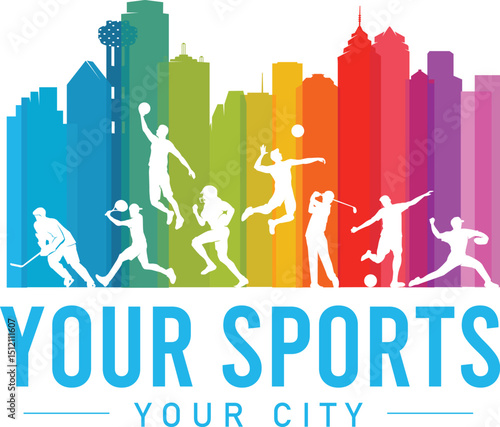 Great editable vector file of multisport players silhouette with city lbuilding andmark in modern and unique logo style best for your digital design and print mockup