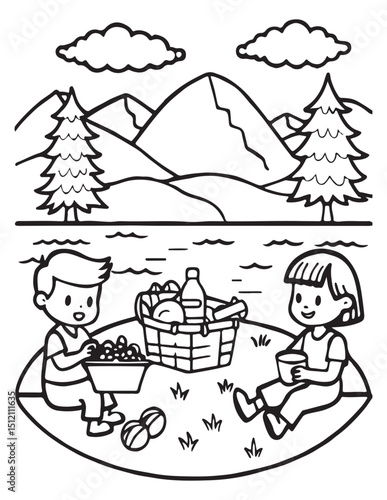 Summer Coloring page, line art, black and white, cute summer illustration, coloring page holiday time