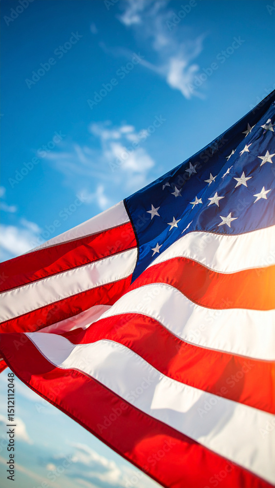 Obraz premium low angle view of stars and stripes on american flag against blue sky 