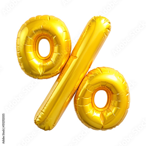 Foil yellow birthday balloon in a percent shape for celebration and decor. Сutout PNG file