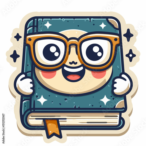 A smiling cartoon book wearing glasses, perfect for education, learning, or knowledge-themed websites and blogs.