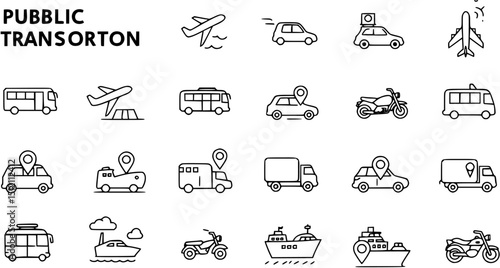 Public Transportation icon set in line style. Airplanes, buses, trucks, cars, motorbikes, taxis, trains, ships symbol. Transport simple black sign for apps and website, vector illustration