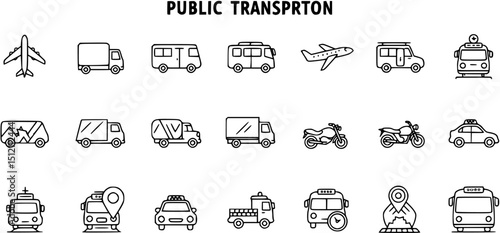Public Transportation icon set in line style. Airplanes, buses, trucks, cars, motorbikes, taxis, trains, ships symbol. Transport simple black sign for apps and website, vector illustration