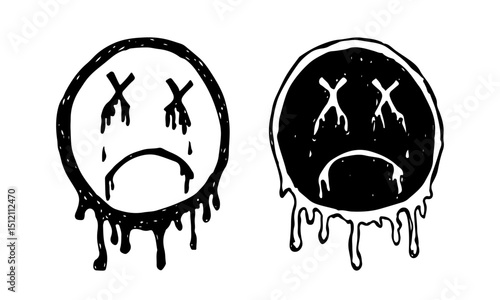 Sad face icon with X eyes and a dripping melt graffiti effect vector hand-drawn.