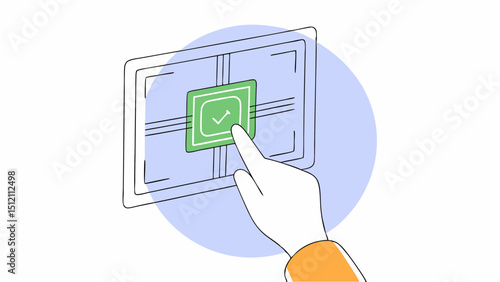 Vector hand touching glowing digital interface with checkmark symbol, indicating approval