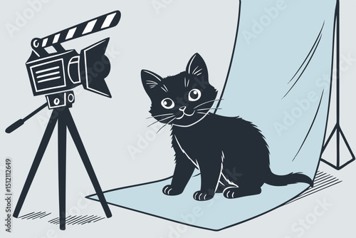 Vector Cute black kitten in studio setting, posing for photoshoot with camera nearby