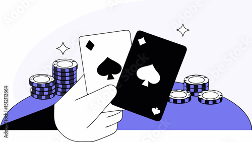 Vector hand holding ace and king of spades with poker chips in background, showcasing excitement