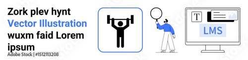 Weightlifting icon, person holding a balloon, and a desktop screen with LMS text. Ideal for education, fitness, creativity, technology, e-learning, digital platforms simple landing page