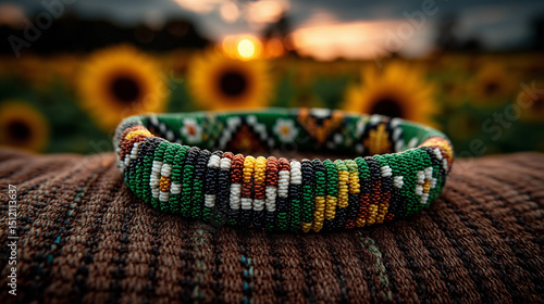 Beaded bracelet in green, black, and gold on woven fabric, symbolizing South African Youth Day pride and heritage.