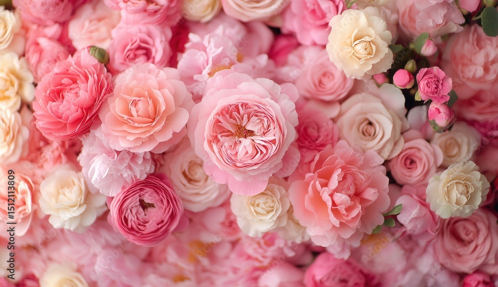 Vibrant Display of Pink and Cream Roses: A Close-Up View of an Abundant Flower Arrangement in Soft Pastel Hues, Perfect for Celebrations and Decor Vibrant Display of Pink and Cream Roses: A Close-Up View of an Abundant Flower Arrangement in Soft Pastel Hues, Perfect for Celebrations and Decor