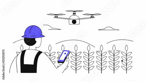 Vector farmer is using smartphone to control drone over field, showcasing modern agriculture