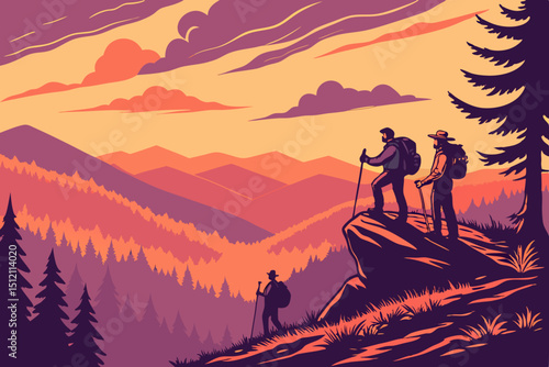 Vector Hikers enjoy stunning sunset view over mountains and forests, capturing beauty of nature